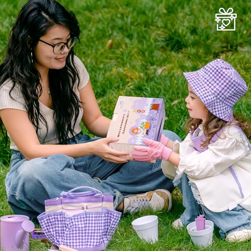 ROBOTIME Kids Gardening Set, 17PCS Toddler Gardening Tools, Toddler Gardening Set with Apron, Hat, Gloves, Watering Can & Tool Bag – Outdoor Play Garden Kit for Kids for Hands-On Learning (Purple ) - color: Purple