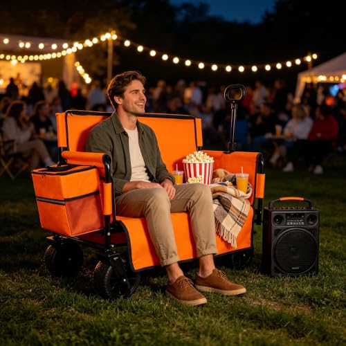 Collapsible Beach Wagon Cart - with Bench Seat & Ice Pack 500 lbs - color: Orange, size: 7"