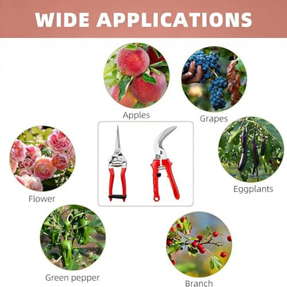 2 Pcs Garden Pruning Shears, Multifunctional Garden Scissors Set, 8" Stainless Steel Straight&Angled Pruning Floral Shears, Garden Shears for Cutting Flowers, Trimming Plants, Picking Fruits
