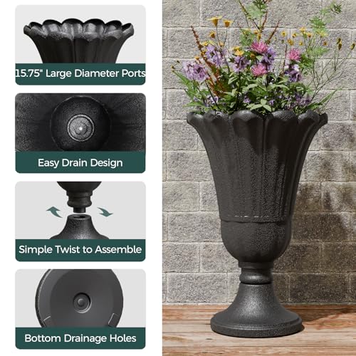 Tall Plastic Urn Planters and Pedestal - 24" Outdoor Planter Black - color: Black-petal