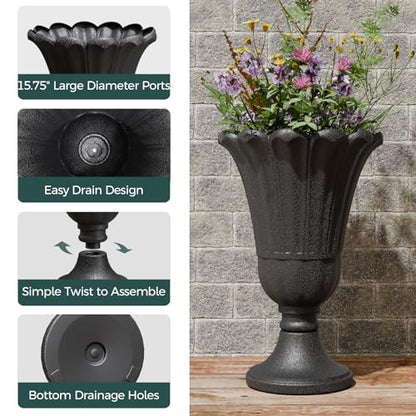 Tall Plastic Urn Planters and Pedestal - 24" Outdoor Planter Black - color: Black-petal