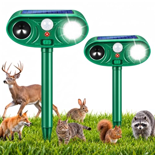 2 Pack Deer Repellent Devices, Solar Ultrasonic Animal Repeller Outdoor