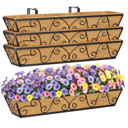 HFHOME 30 Inch Railing Planter Box with Coco Liners for Deck, Porch, Fence, Patio, Balcony Hanging Flower Railing Baskets with Adjustable Brackets, Outdoor Garden - 4 Packs - size: 30"-4P Butterfly