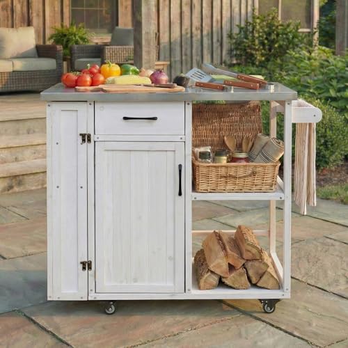 Outdoor Deck Box with Stainless Steel Worktop, White Fir Wood Patio Storage Cabinet for Garden Tools and Pool Accessories, Weather-Resistant Storage for Patio & Deck, 40.5 x 18.5 x 35.6 Inches, White - color: White - 40.50 X 18.50 X 35.60 Inch