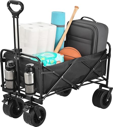 Collapsible Utility Wagon Cart, Heavy Duty Folding Garden Cart with Wheels, Black Steel Frame, 150 L Capacity - 330 LB Capacity