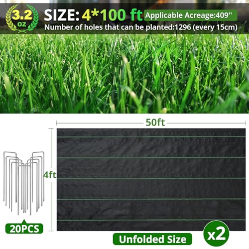 GOTGELIF Weed Barrier Fabric 4x100ft Heavy Duty, Ground Cover with 20 Pegs - size: 3.2oz-4ftx100ft with 20 pegs