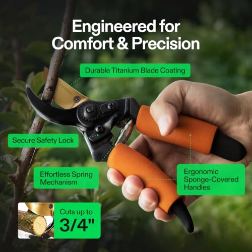 VIVOSUN 8.5" Bypass Pruning Shears for Gardening, Heavy-Duty Garden Scissors, Ultra Sharp Pruners with 3/4 in. Cut Capacity SK5 Blades, Thick Cushion-Covered Handle and Safety Lock - style: Soft Grip Pruner