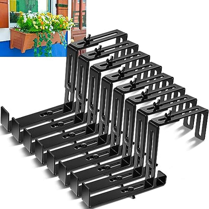 Leinuosen 8 Pcs Adjustable Window Boxes Brackets Planter Box Bracket Heavy Duty Deck Railing Hanging Flower Stand for Windowsill Garden Fence Balcony (Black) - color: Black