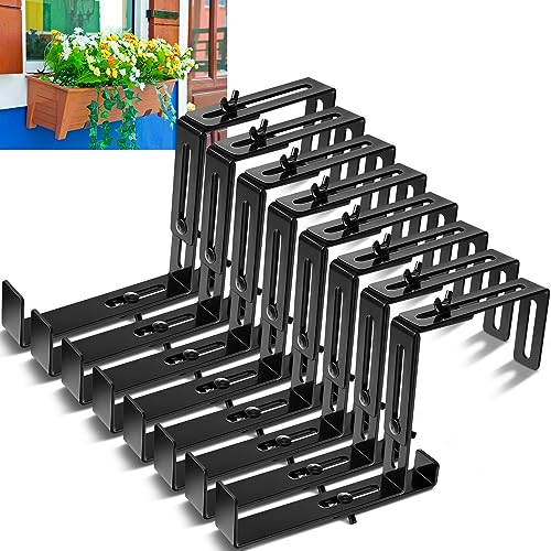 Leinuosen 8 Pcs Adjustable Window Boxes Brackets Planter Box Bracket Heavy Duty Deck Railing Hanging Flower Stand for Windowsill Garden Fence Balcony (Black) - color: Black
