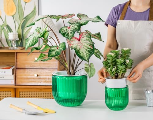 Melphoe Self Watering Pots for Indoor Plants Planter, 8.3/5.3 Inch 2 Pack Planters Self Watering Plant Pots for Flower, Houseplants, Succulent, African Violets and Cactus with Drainage - color: Emerald, size: 8.3''+5.3''