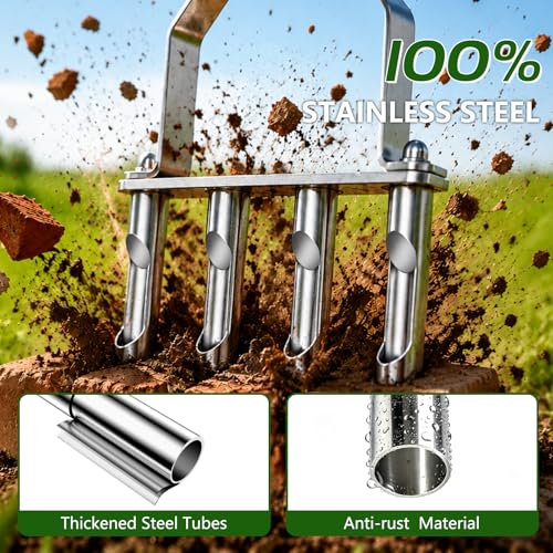Stainless Steel Aerator Lawn Tool, Manual Core Aerator with 4 Hollow Tines