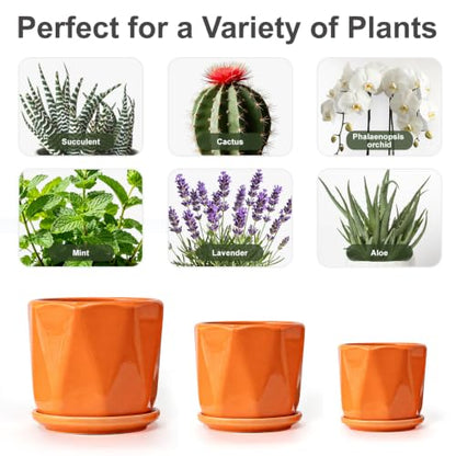 Ceramic Plant Pots Set of 3, Indoor Planter with Drainage Holes and Saucers - color: 2-orange