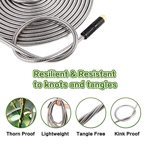 Flexible Metal Garden Hose 100ft-Heavy Duty Water Hose with Durable 304 Stainless Steel and 10 Way Spray Nozzle-Strong 3/4'' Solid Brass Fitting-Outdoor Yard No Kink Lightweight Long Hose Pipe - size: 100FT