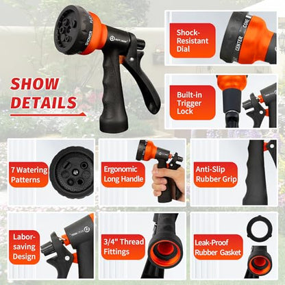 AUTOMAN-Garden-Hose-Nozzle, 2 Pack ABS Water Spray Nozzle with Heavy Duty 7 Adjustable Watering Patterns,Slip Resistant for Watering Plants,Lawn& Garden,Washing Cars,Cleaning, Orange - color: Orange