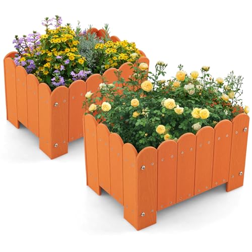 Giantex 2 Pack Raised Garden Bed, Weather-resistant HDPE Planter Boxes with Drain Gaps, Rectangular Flower Pots for Vegetable, Flower, Fruit, Plant Raised Beds for Front Porch, Garden, Balcony, Orange - size: 18"x12.5"x12"