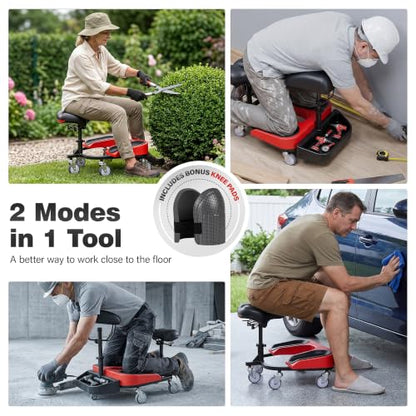 Kneeling Sitting Creeper with Chest Support, Rolling Knee Pads with Adjustable Seat & Tool Tray, 3-Inch Multi-Terrain Casters & Anti-Flip Protection for Tile Flooring, Auto Repair & Gardening