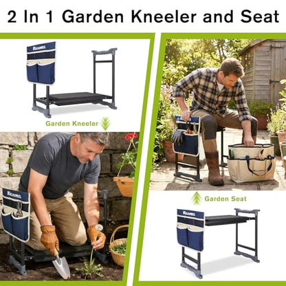 Garden Kneeler and Seat with Umbrella,Heavy Duty Gardening Bench and Stool - color: Beige & Blue