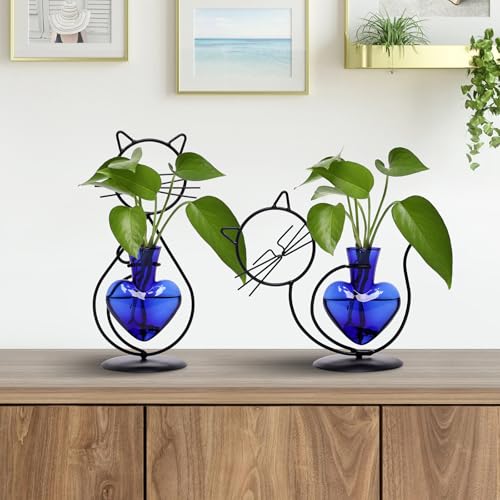 Plant Terrarium Propagation Station Gifts for Women Cat Lover - color: Blue