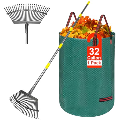 Adjustable Metal Leaf Rake Set, 38-73" Handle, 19" Wide with Gallon Leaf Bags – Heavy Duty Garden Rake for Lawns, Shrubs, Grass, Flower Beds & Outdoor Use - style: RAKE-SET-A