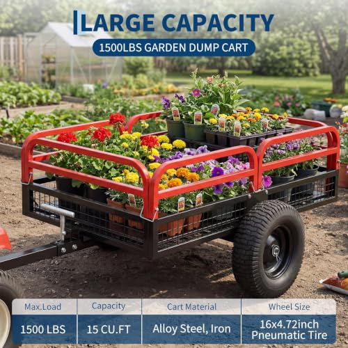 Heavy Duty Utility Trailer, 1500 LB Capacity, 15 Cu.Ft ATV Trailer Pull Behind with Removable Sides & All Terrain Tires, Lawn Tractor Dump Cart for Garden Yard, Red - color: Red