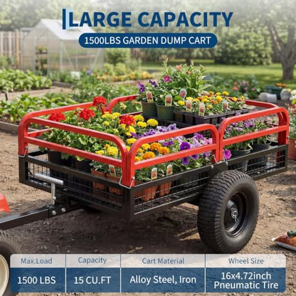 Heavy Duty Utility Trailer, 1500 LB Capacity, 15 Cu.Ft ATV Trailer Pull Behind with Removable Sides & All Terrain Tires, Lawn Tractor Dump Cart for Garden Yard, Red - color: Red
