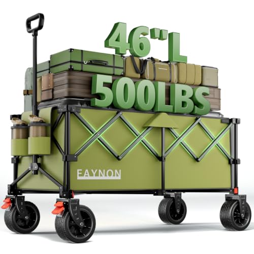 46" L Collapsible Foldable Extended Wagon, 500LB Weight Capacity with 280L Heavy Duty Folding Cart,Utility Wagon with All-Terrain Beach Wheel & Drink Holders,Green - color: Green