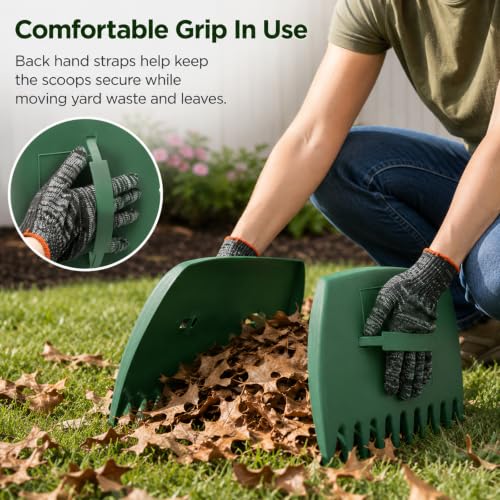 Leaf Scoops and Claws with Gardening Gloves, Large Lightweight Plastic Hand Rakes Yard Grabber for Lawn Clippings, Grass & Trash Pick Up, Ergonomic Adjustable Handles(Green) - color: Green