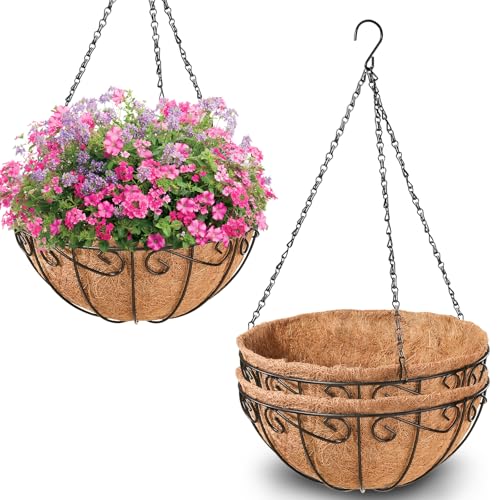 Legigo 3 Pack 10 Inch Metal Hanging Baskets for Plants Outdoor- Round Wire Hanging Planters Basket with Coconut Coir Liner, Hanging Flower Pot for Outdoor Plants Flowers Garden Decorations