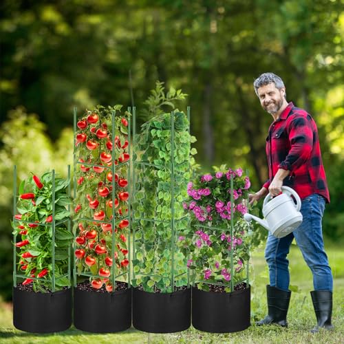 4 Pack Tomato Cages with 11 Gallon Grow Bags for Garden 55inch