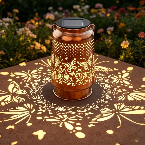 Outdoor Solar Powered Lantern Hang Waterproof Garden Butterfly Decor Lights - color: Warm White