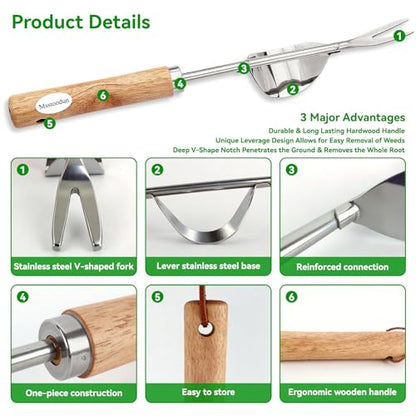 4PCS Garden Weeding Tool Set, Hand Weeder Tools with Wooden Handles, Double Claw Root Hook, V-Shape Weed Puller, Crack Weeder & Stainless Steel Garden Trowel for Digging, Planting & Weed Removal