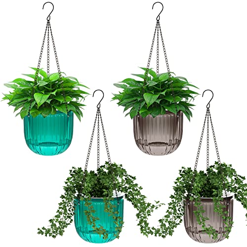 Meanplan 4 Pcs Self Watering Hanging Planter Indoor 6.5 Inch Hanging Baskets for Plants Outdoor Plastic Flower Pot with 3 Hooks Chains Drainage Holes for Garden Home, Medium Size(Emerald, Gray) - color: Emerald, Gray