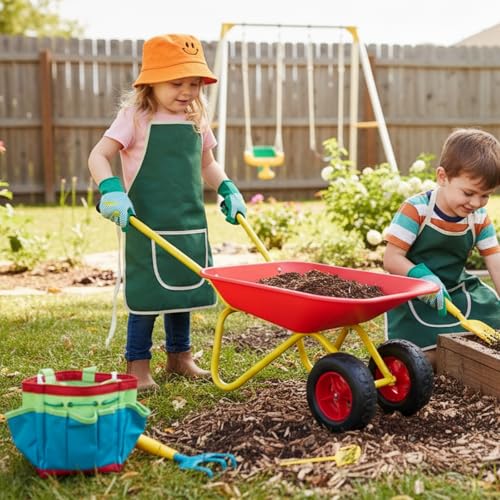 Toddler Metal Wheelbarrow for Kids Wheel Barrow with 12 PCS Tool(red Set) - color: Red Set