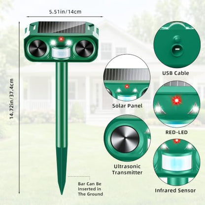 Solar Animal Repeller Outdoor, 4 Pack Ultrasonic Deterrent for Deer