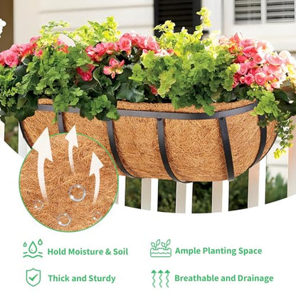 Legigo 2 Pack 16 Inch Window Box Deck Railing Planter with Coconut Liner, Balcony Rail Planters Horse Trough Window Planter Boxes, Metal Railing Hanging Flower Baskets for Outdoor Porch Fence Patio
