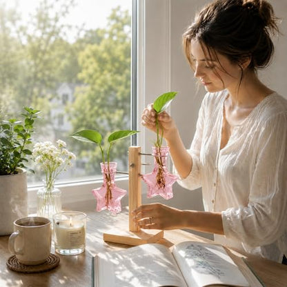 Nacome Plant Terrarium Propagation Stations: Pink Vase with Wooden Stand - color: Pink