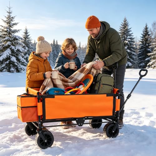 Collapsible Beach Wagon Cart - with Bench Seat & Ice Pack 500 lbs - color: Orange, size: 7"