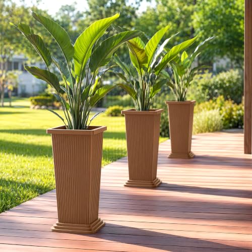 24" Set of 2 Tall Planters for Outdoor Plants, Brown Striped - color: Stripe Brown