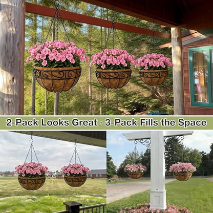 12 Inch Hanging Baskets for Plants Outdoor, 2 Pack Metal Wire Hanging Planters with Coco Coir Liners, Rust-Resistant Flower Basket with Chains & Hooks for Garden Patio Porch Deck Balcony - size: 12IN-2PCS, style: Flower Border