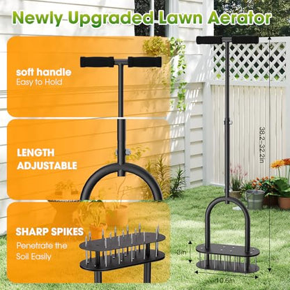 seasky Lawn Aerator, Manual Lawn Aerator Tool with Padded T-Handle, Wide Foot Plate & 15-3 Inch Solid Steel Spikes, Dual-Layer Design for Effortless Aeration in Lawn, Yard and Garden Soil