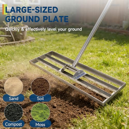 Garvee Lawn Leveling Rake, 36" x 10" Level Lawn Tool, Heavy Duty Stainless Steel Lawn Leveler Tool with 6.5 FT Extended Handle, Yard Leveling Rake Suit for Garden, Golf Lawn, Farm - size: 36x10'' 6.5FT