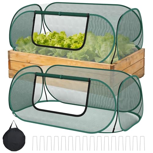 2 Pack Raised Garden Bed Covers, 45 x 22 x 17 in Pop Up Plant Covers for Frost Protection, Mesh Garden Bed Protector with Zipper for Vegetables & Seedlings, Birds & Small Animals, 16 Stakes