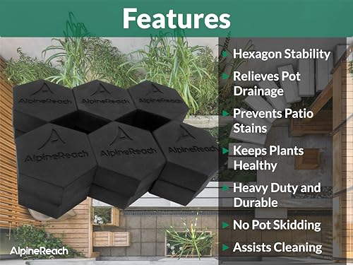 AlpineReach Extra Heavy Duty Pot Feet Risers 12 Pack Hexagons & Adhesive Pads - Protect Healthy Plants - Strong Invisible Supports Small Large Flower Planters Stability - Outdoor Lifter Toes Elevator