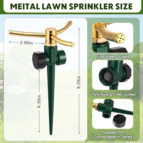 6 Pack Metal Lawn Sprinklers for Yard with Brass Nozzle & Aluminum Alloy Spike Base, Adjustable Automatic Garden Water Sprinkler System with Screen Gasket for Yard Lawn Greenhouse(Green) - color: Green