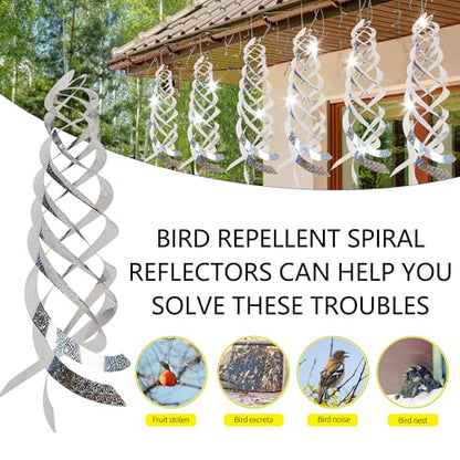 Spiral Reflective Bird Repellent Device 4Pcs, 17.8 Inch Silver Bird Deterrent Hanging Ornament, Wind-Activated Rotating Reflector, for Garden, Yard, and Balcony Window Bird Control