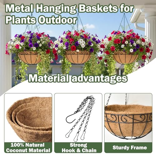4 Pack 14 Inch Hanging Baskets for Plants Outdoor Metal Hanging Planter Basket with Coco Coir Liner Hanging Flower Pots Holder for Garden, Patio(Flower) - size: 14 Inch, style: English