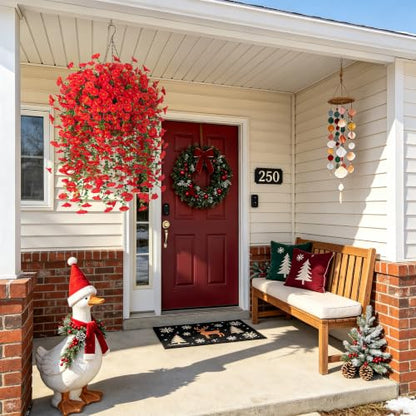 Artificial Flowers with Hanging Basket, Outdoor Faux Plants UV Resistant - color: Red