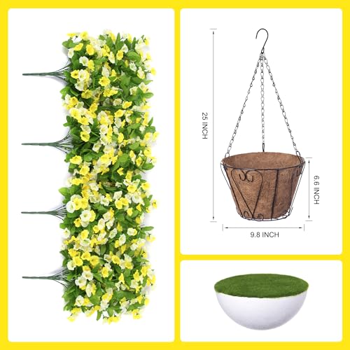 Artificial Flowers with Hanging Basket, Outdoor Faux Plants UV Resistant - color: Yellow and White