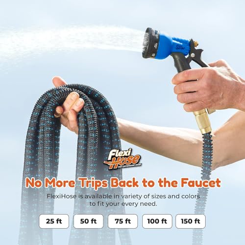 Flexi Hose Expandable Garden Hose with 8 Function Nozzle, 50FT - Lightweight Retractable Garden Hose, Water Hose - No-Kink Flexibility, 3/4 Inch Solid Brass Fittings and Double Latex Core - size: 50ft