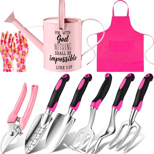 Blueweenly 9 Pcs Watering Can Garden Tools Kit with Bible Verse Christian Gardening Gifts for Women with Heavy Duty Garden Hand Tools 1.6L Galvanized Metal Can Apron Gloves for Mom Grandma(Pink)